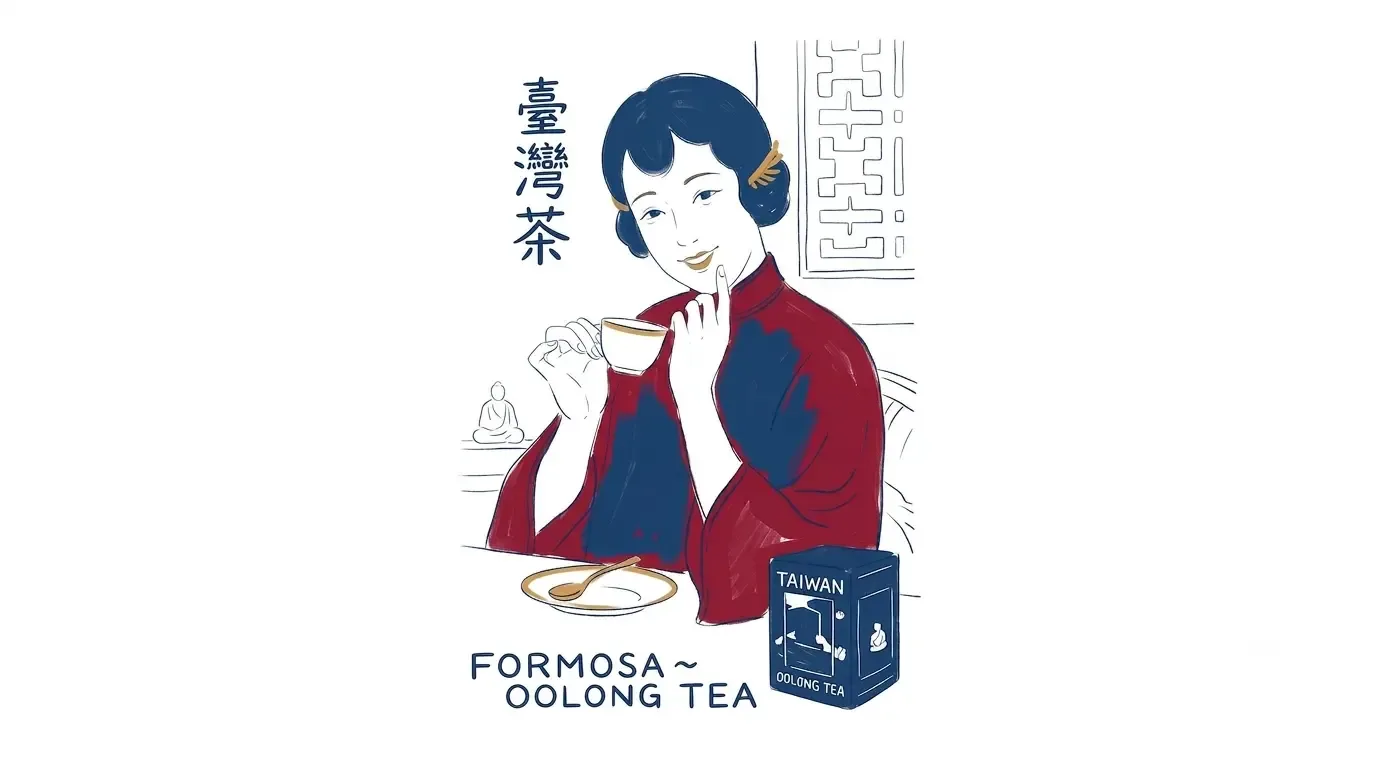 「Formosa Oolong Tea」的廣告圖樣。臺灣茶在海外是用這個名字賣的。（為這一頁畫的示意圖）